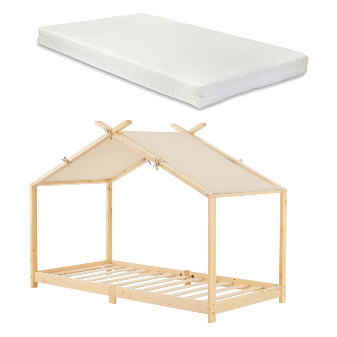 Pack lit cabane + ciel de lit + matelas 90x200cm - Bois naturel