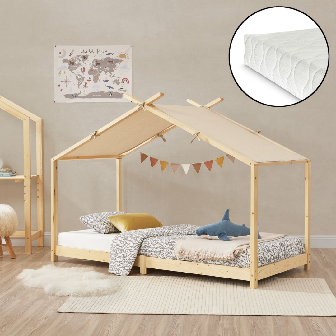 Pack lit cabane + ciel de lit + matelas 90x200cm - Bois naturel