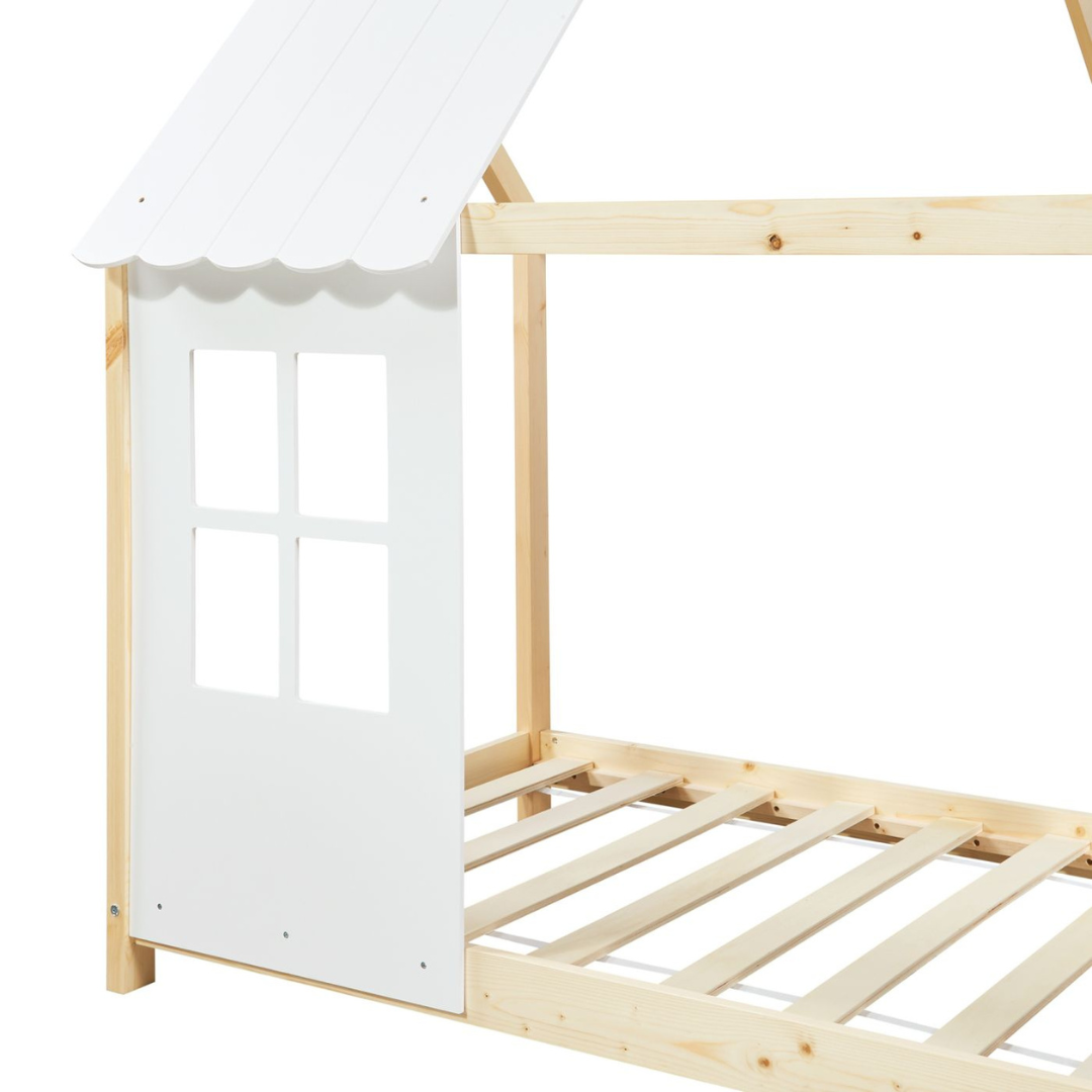 Pack lit cabane maison + matelas 120x200cm - Bois naturel