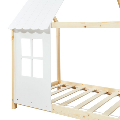 Pack lit cabane maison + matelas 120x200cm - Bois naturel