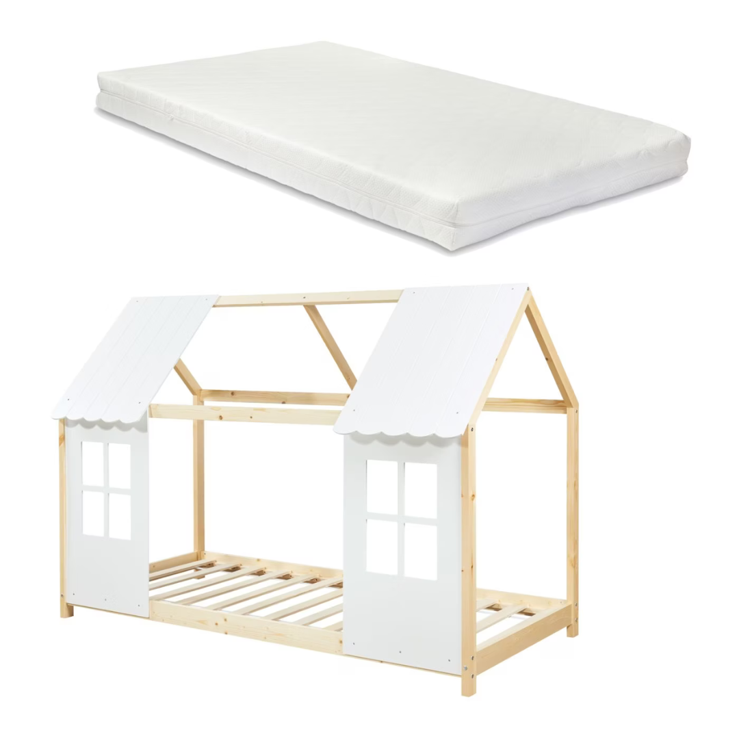 Pack lit cabane maison + matelas 140x200cm - Bois naturel