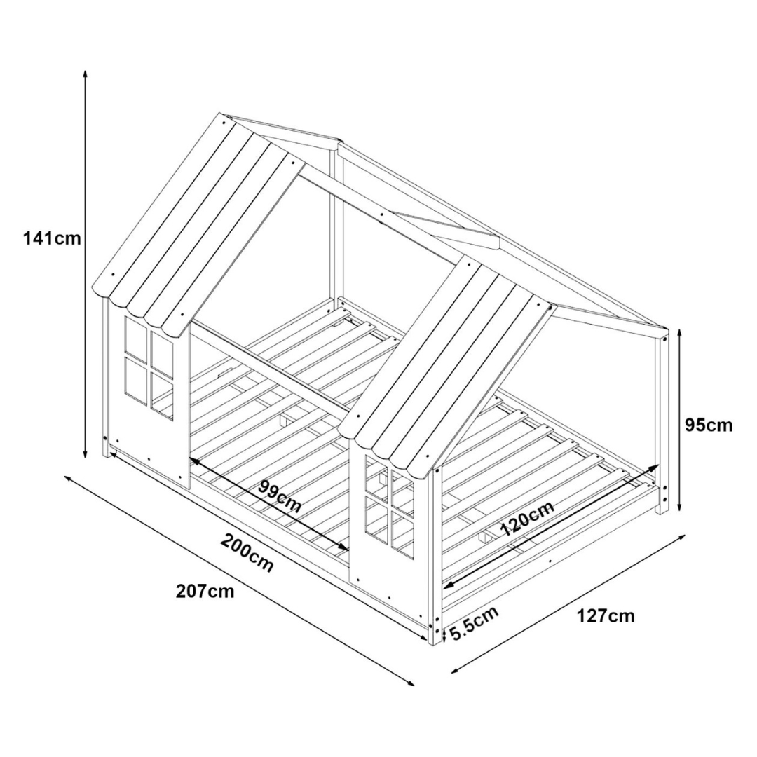 Lit cabane maison 120x200cm - Bois naturel