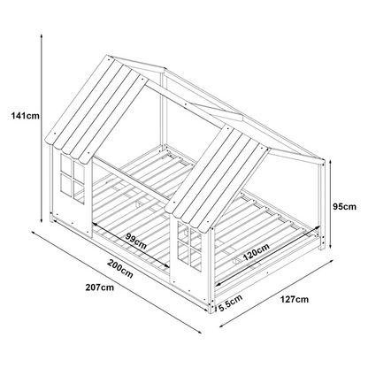 Pack lit cabane maison + matelas 120x200cm - Bois naturel