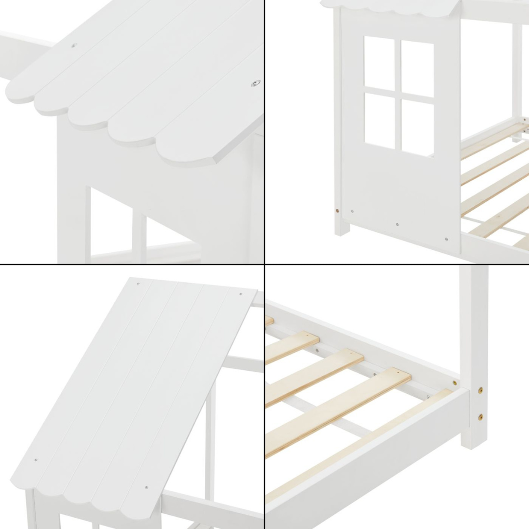 Grand lit cabane double avec matelas - 140x200cm - Blanc