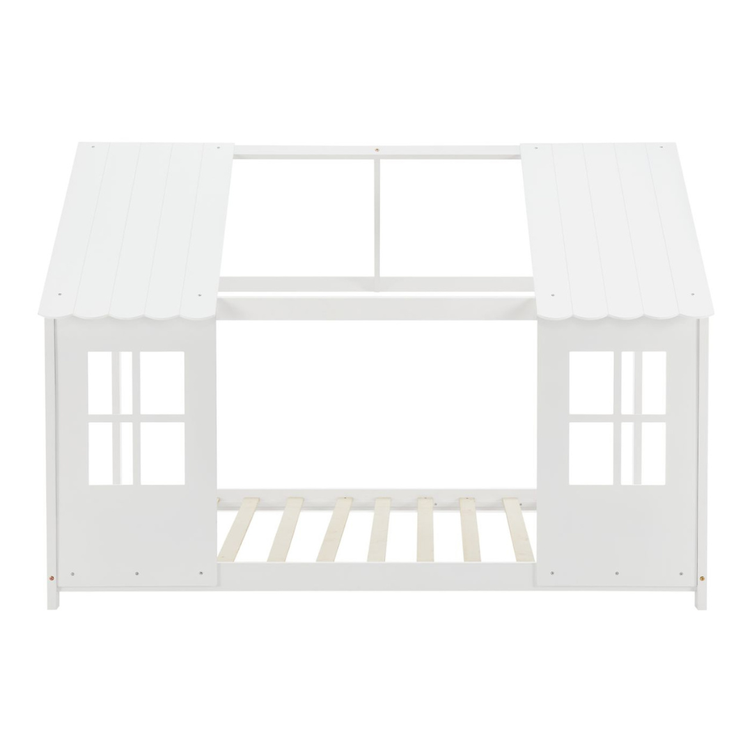 Grand lit cabane double avec matelas - 140x200cm - Blanc