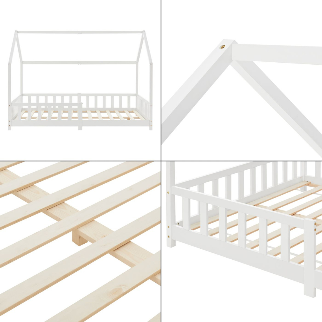 Grand lit cabane double avec barrière - 140x200cm - Blanc