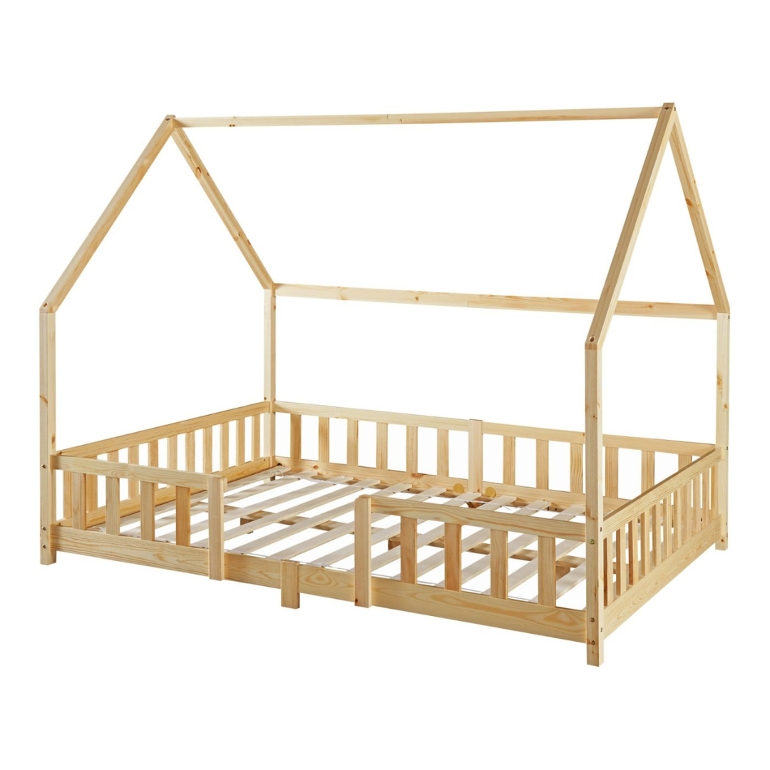 Grand lit cabane double avec barrière - 140x200cm - Bois naturel