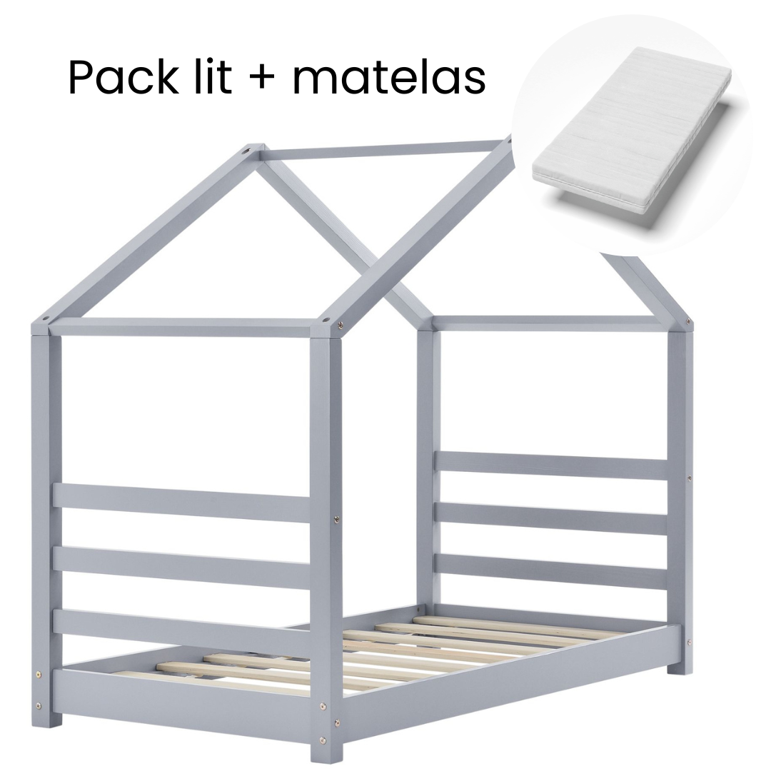 Lit cabane Montessori avec matelas - 80x160cm - Gris