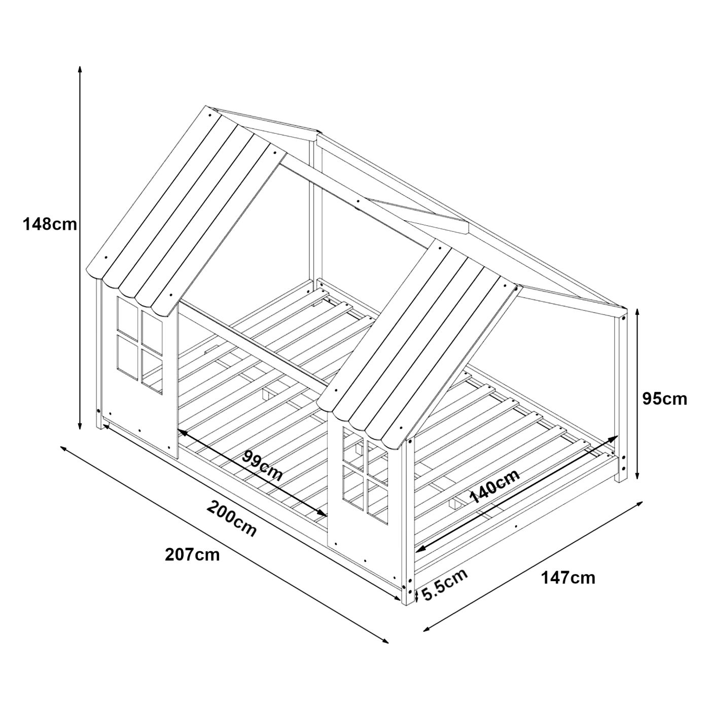 Pack lit cabane maison + matelas 140x200cm - Bois naturel