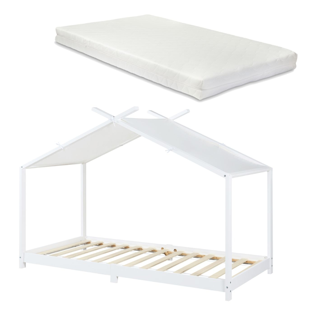 Pack lit cabane + ciel de lit + matelas 90x200cm - Blanc