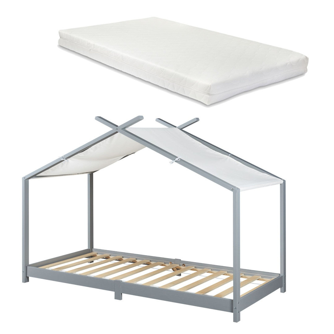 Pack lit cabane + ciel de lit + matelas 90x200cm - Gris