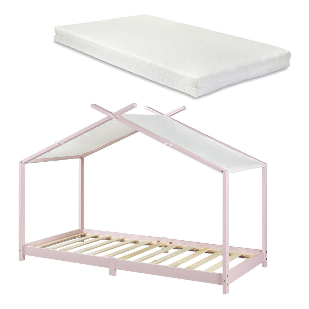 Pack lit cabane + ciel de lit + matelas 90x200cm - Rose