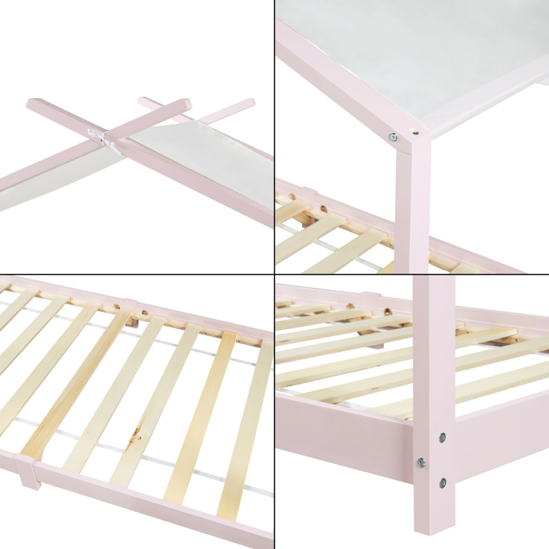 Pack lit cabane + ciel de lit + matelas 90x200cm - Rose