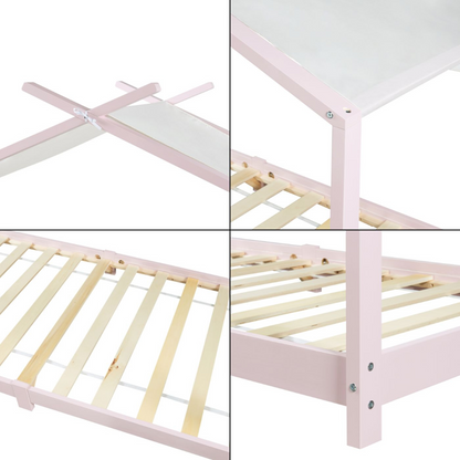 Pack lit cabane + ciel de lit + matelas 90x200cm - Rose