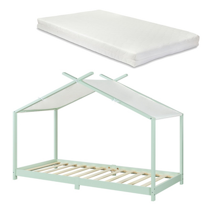 Pack lit cabane + ciel de lit + matelas 90x200cm - Vert menthe