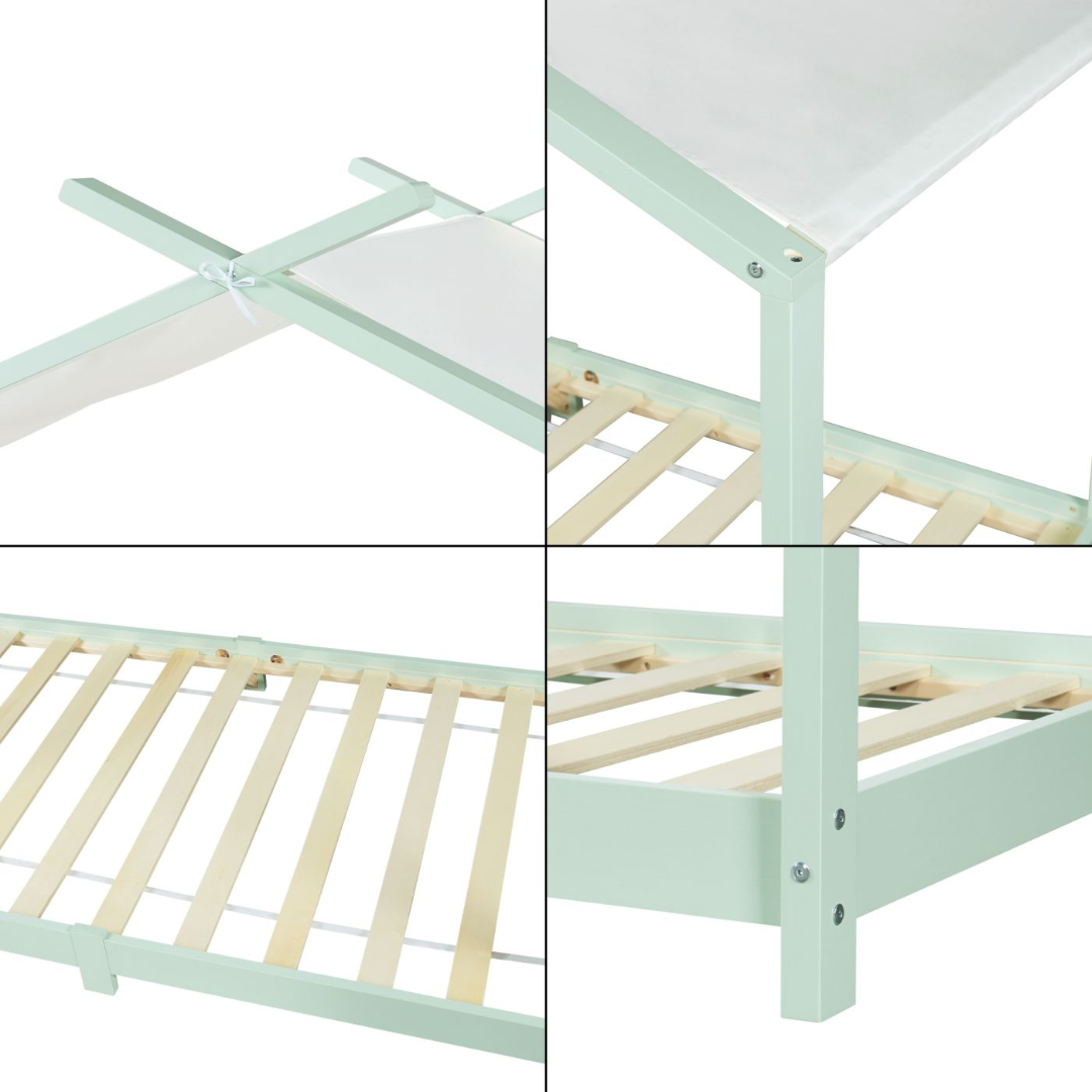 Pack lit cabane + ciel de lit + matelas 90x200cm - Vert menthe