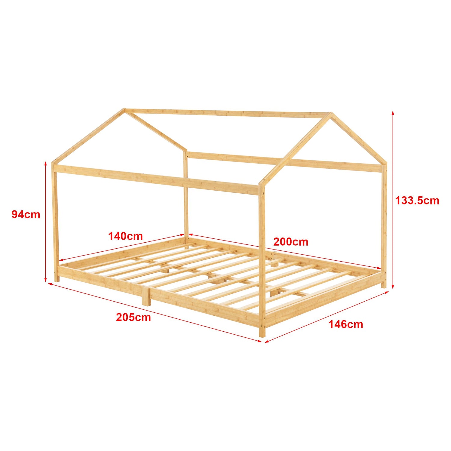 Grand lit cabane double avec matelas - 140x200cm - Bois naturel