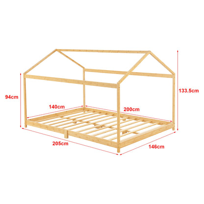 Grand lit cabane double avec matelas - 140x200cm - Bois naturel