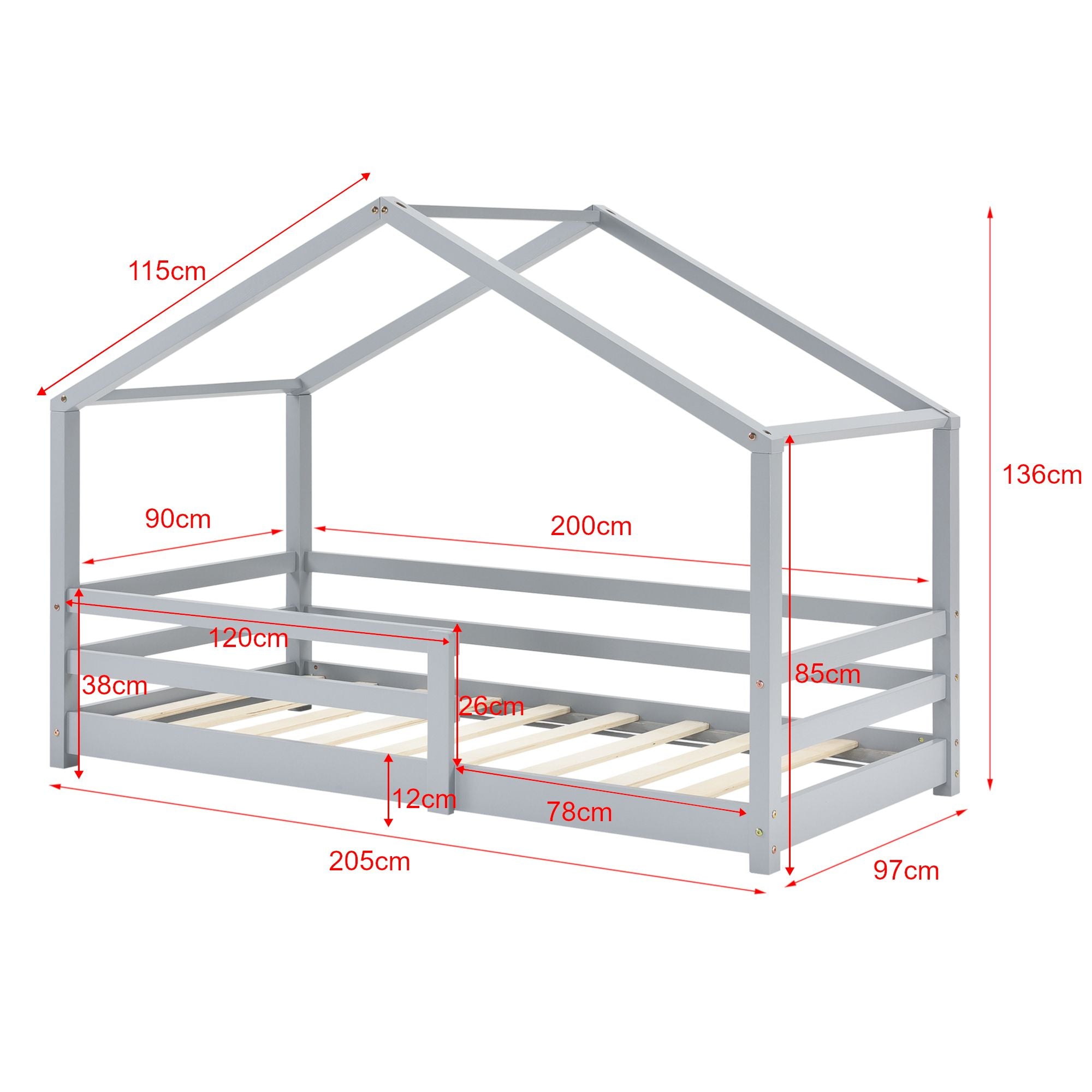 Hutbed met slagboom en matras - 90x200cm - Grijs