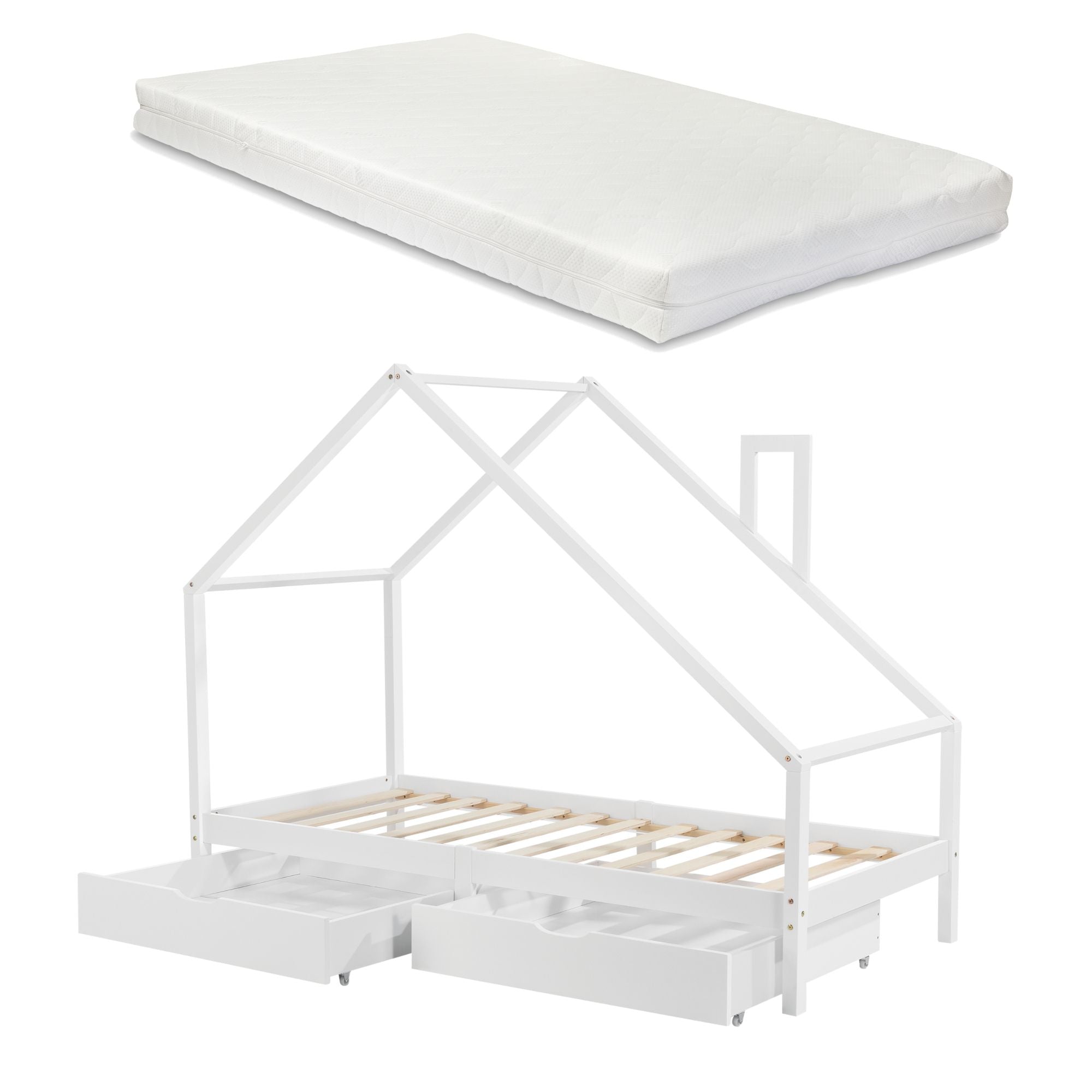 Lit cabane avec tiroirs de rangement et matelas - 90x200cm - Blanc