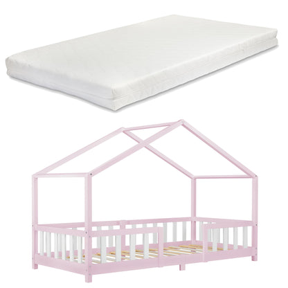 Lit cabane avec barrière + matelas - 90x200cm - Rose &amp; Blanc