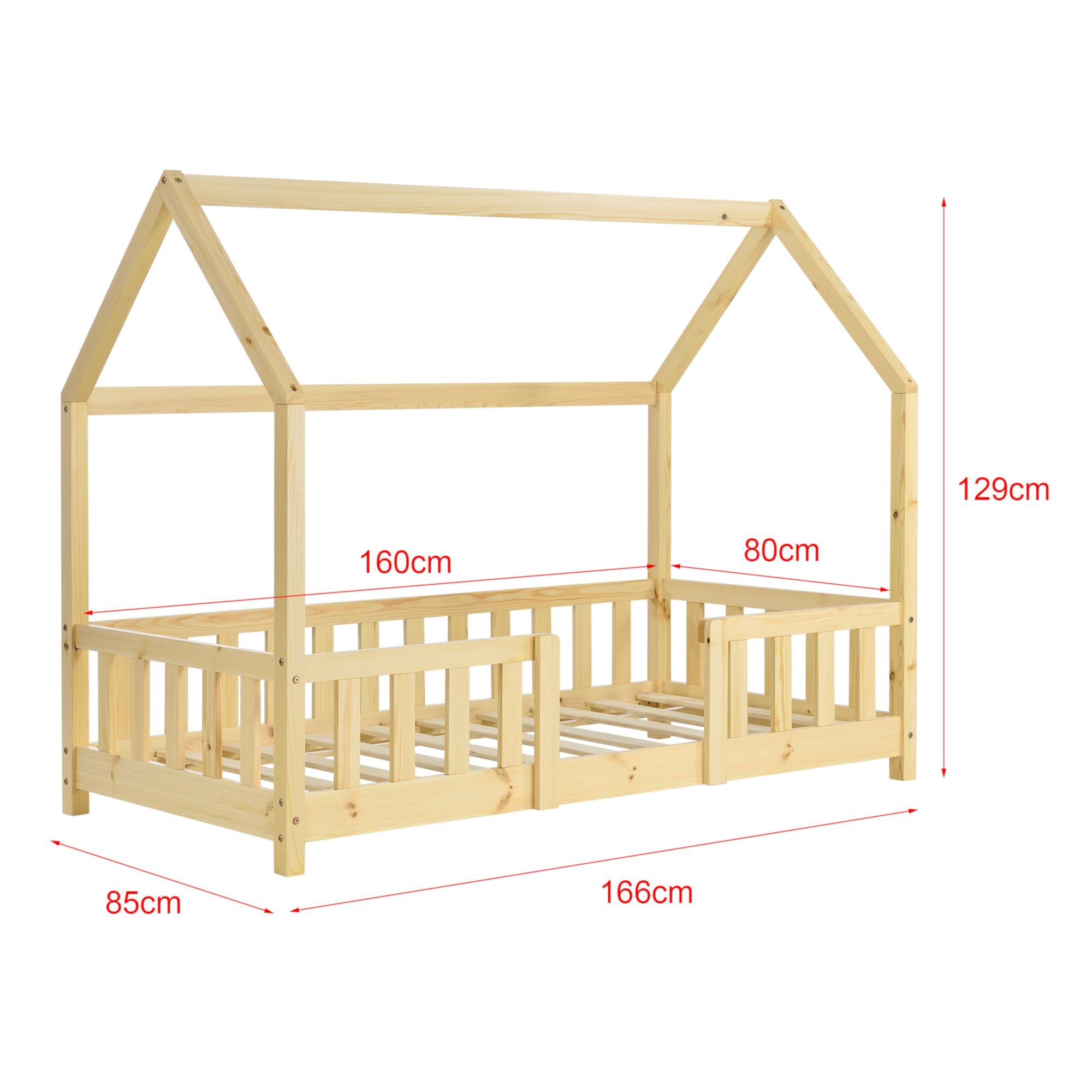 Lit cabane en bois naturel avec barrière amovible + matelas - 80x160cm - Bois naturel