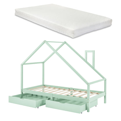 Lit cabane avec tiroirs de rangement + matelas - 90x200cm - Vert