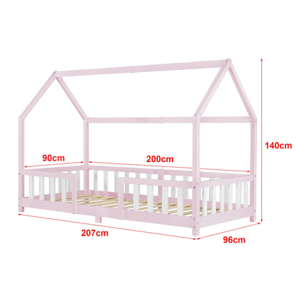 Hutbed met barrière + matras - 90x200cm - Roze &amp;amp; Wit