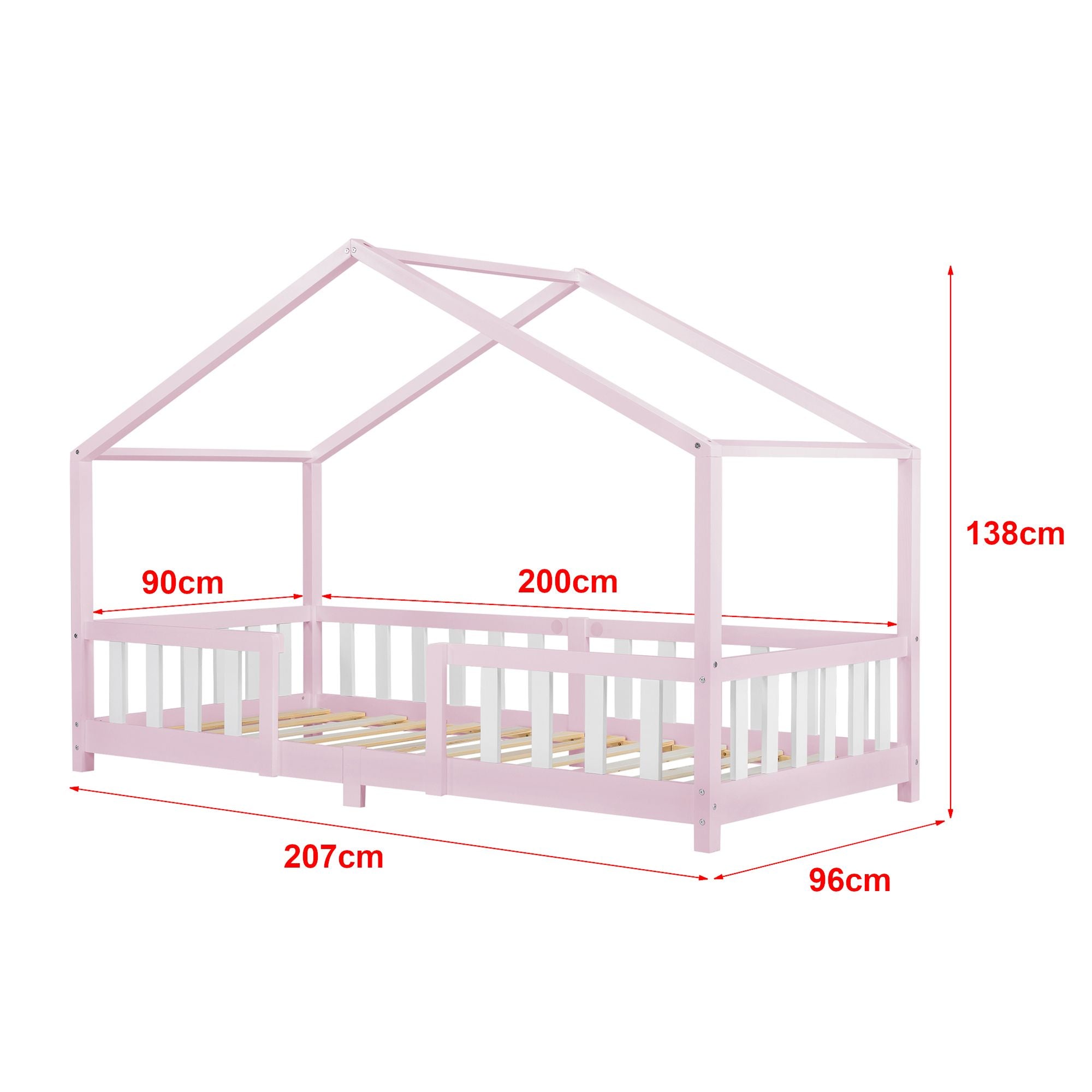 Lit cabane avec barrière + matelas - 90x200cm - Rose &amp; Blanc