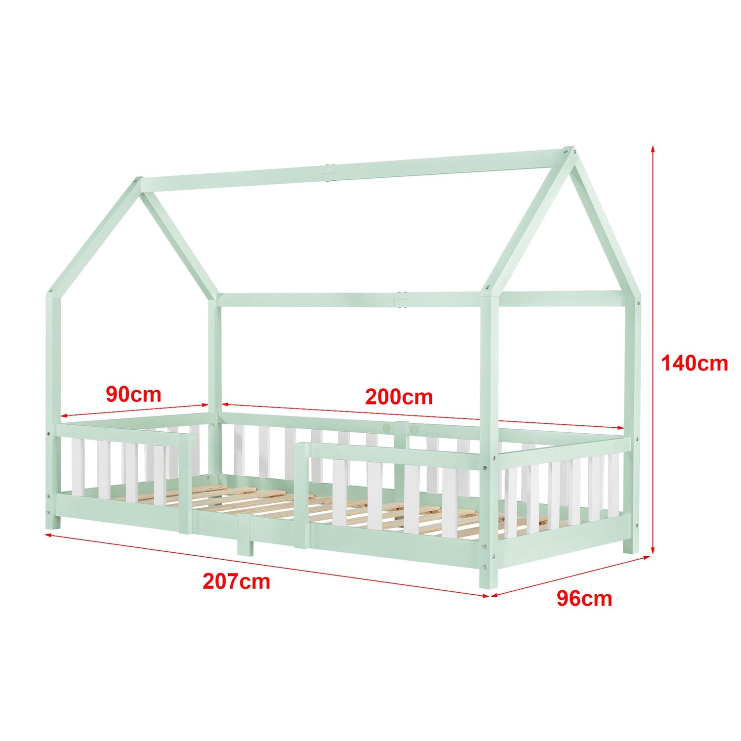 Lit cabane avec barrière + matelas - 90x200cm - Vert &amp; Blanc