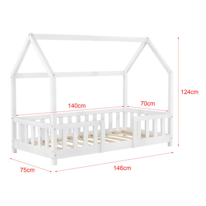 Lit cabane avec barrière et matelas - 70x140cm - Blanc