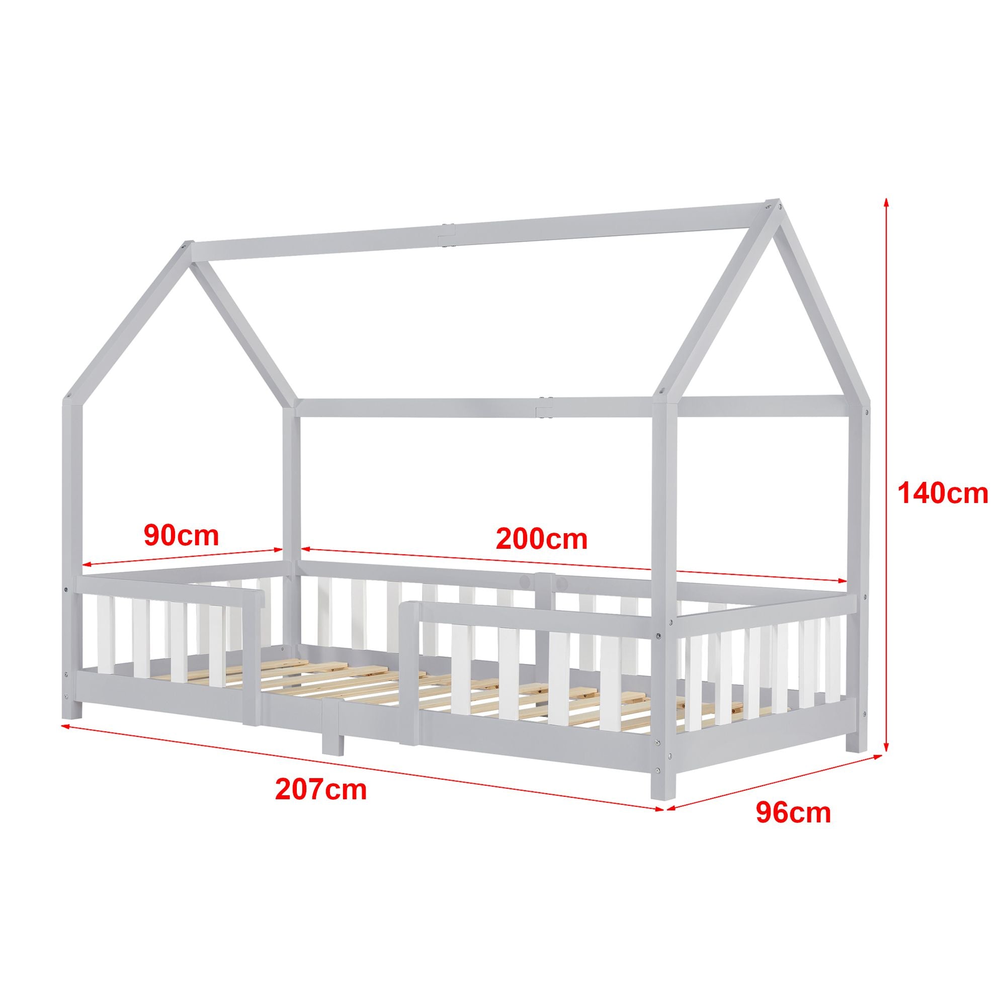 Lit cabane avec barrière + matelas - 90x200cm - Gris &amp; blanc