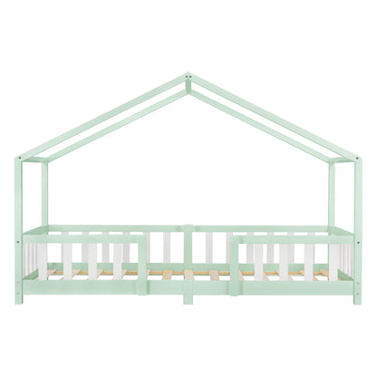 Lit cabane avec barrière + matelas - 90x200cm - Vert &amp; blanc