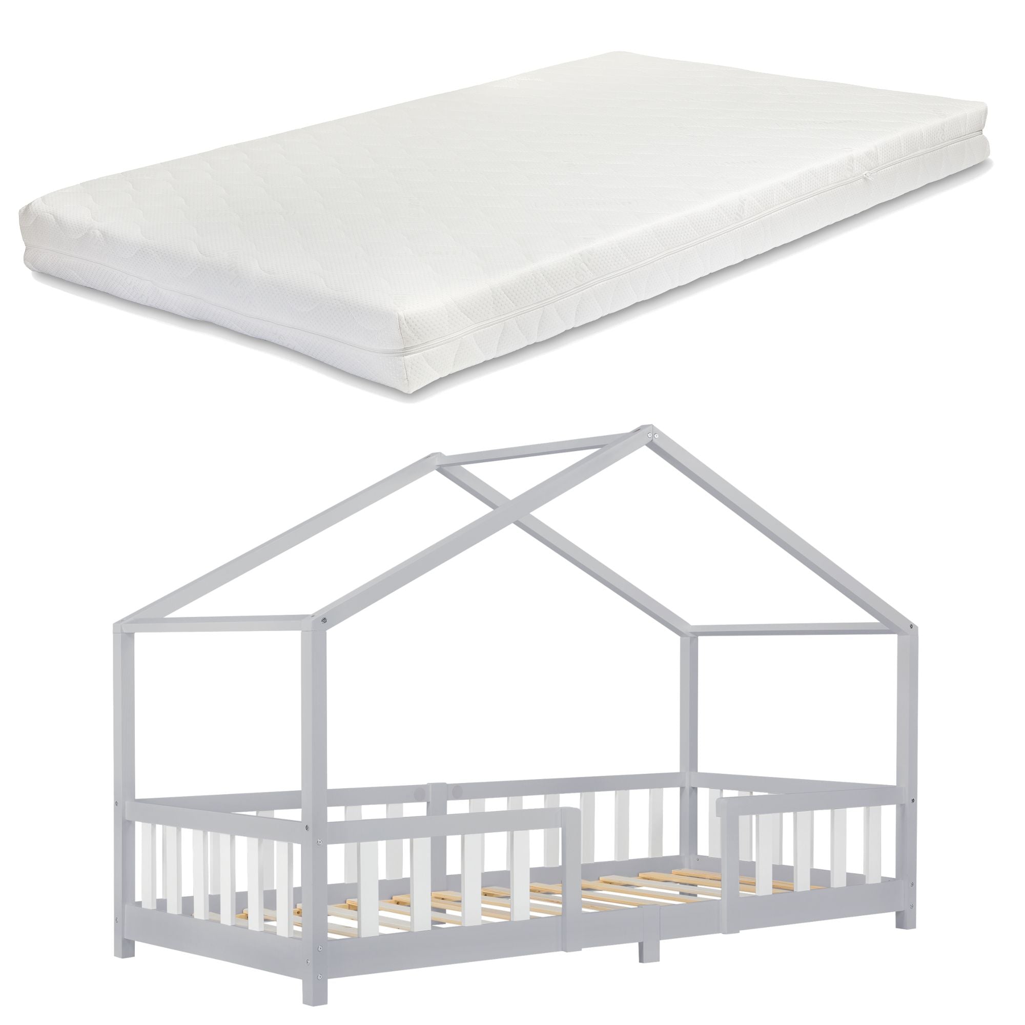 Lit cabane avec barrière + matelas - 90x200cm - Gris &amp; Blanc