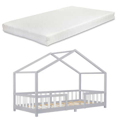 Lit cabane avec barrière + matelas - 90x200cm - Gris &amp; Blanc