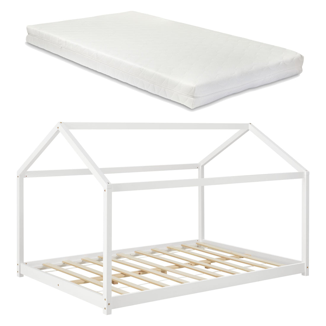 Grand lit cabane Montessori avec matelas - 120x200cm - Blanc