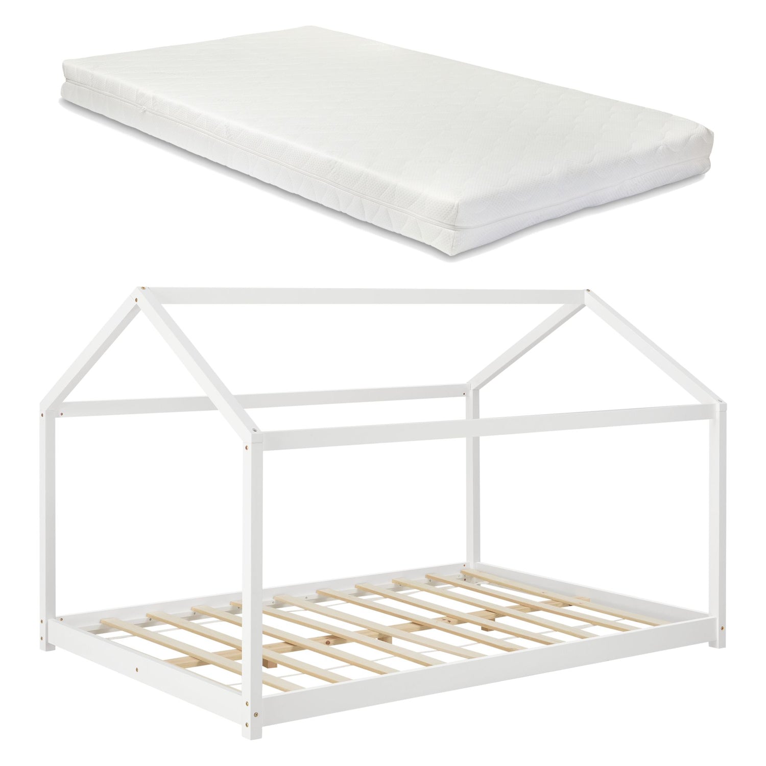 Grand lit cabane Montessori avec matelas - 120x200cm - Blanc