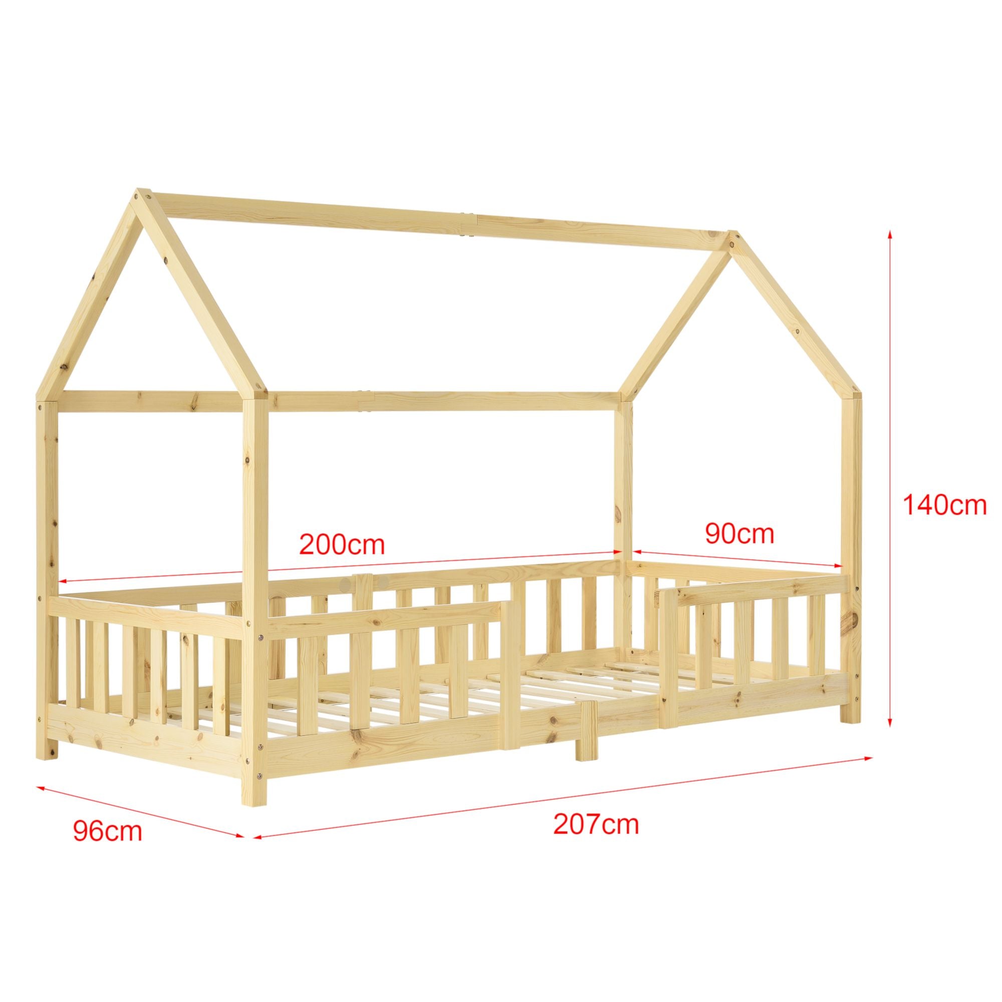 Lit cabane avec barrière + matelas - 90x200cm - Bois naturel