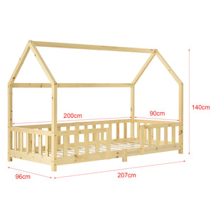 Cabinebed met barrière + matras - 90x200cm - Natuurlijk hout