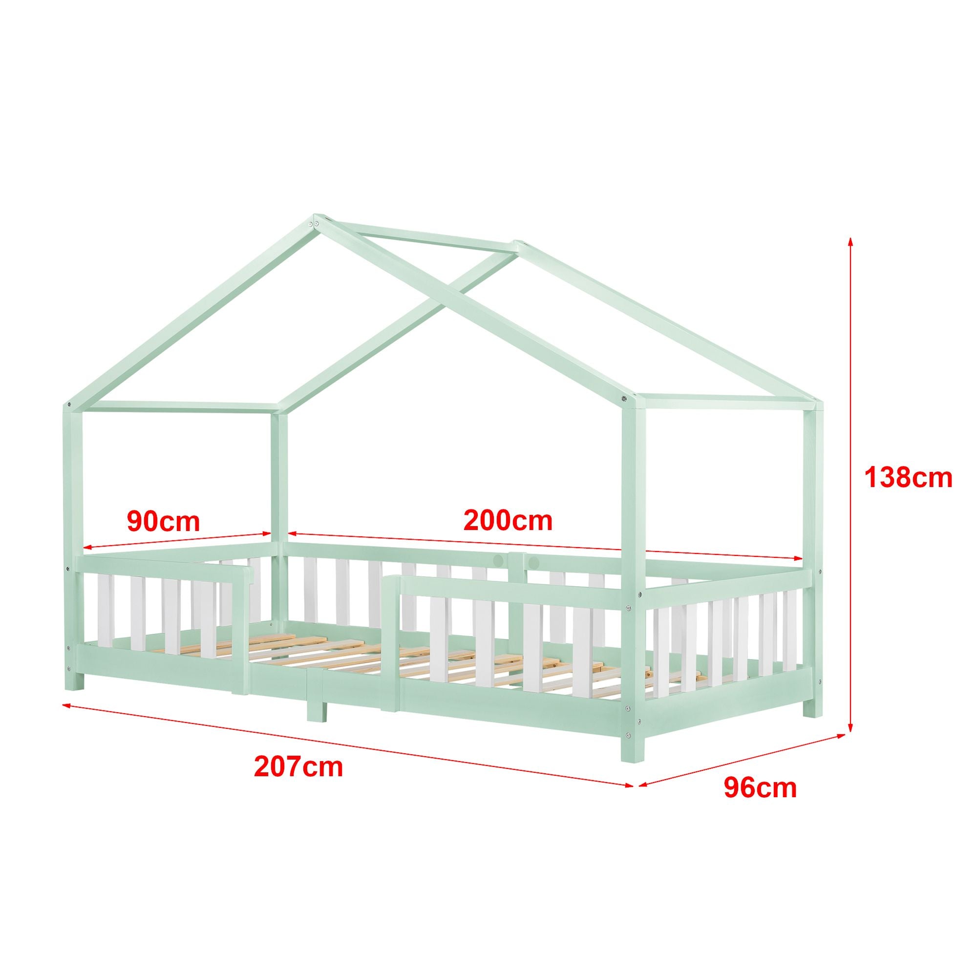 Lit cabane avec barrière + matelas - 90x200cm - Vert &amp; blanc