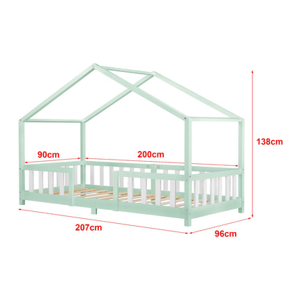 Lit cabane avec barrière + matelas - 90x200cm - Vert &amp; blanc