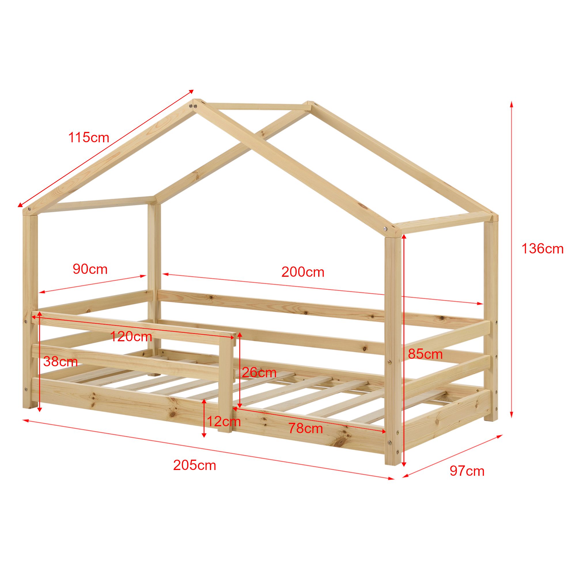 Lit cabane avec barrière et matelas - 90x200cm - Bois naturel