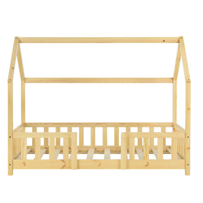 Lit cabane en bois naturel avec barrière amovible + matelas - 80x160cm - Bois naturel