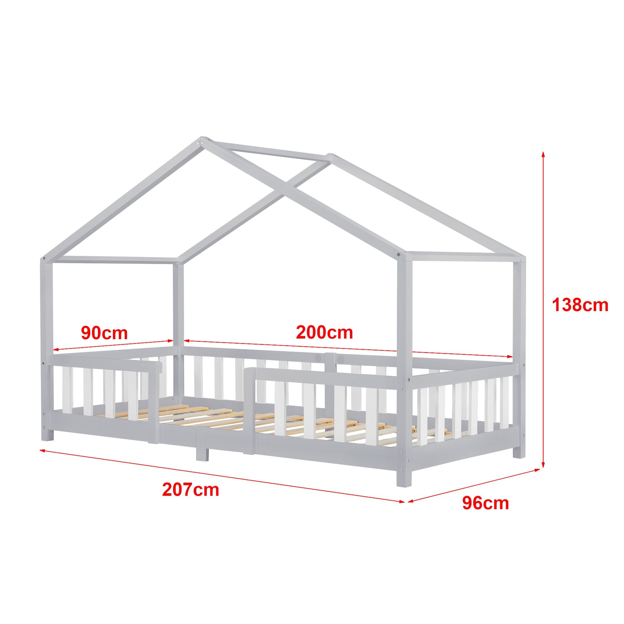 Hutbed met barrière + matras - 90x200cm - Grijs &amp;amp; Wit