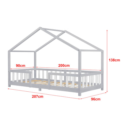 Lit cabane avec barrière + matelas - 90x200cm - Gris &amp; Blanc