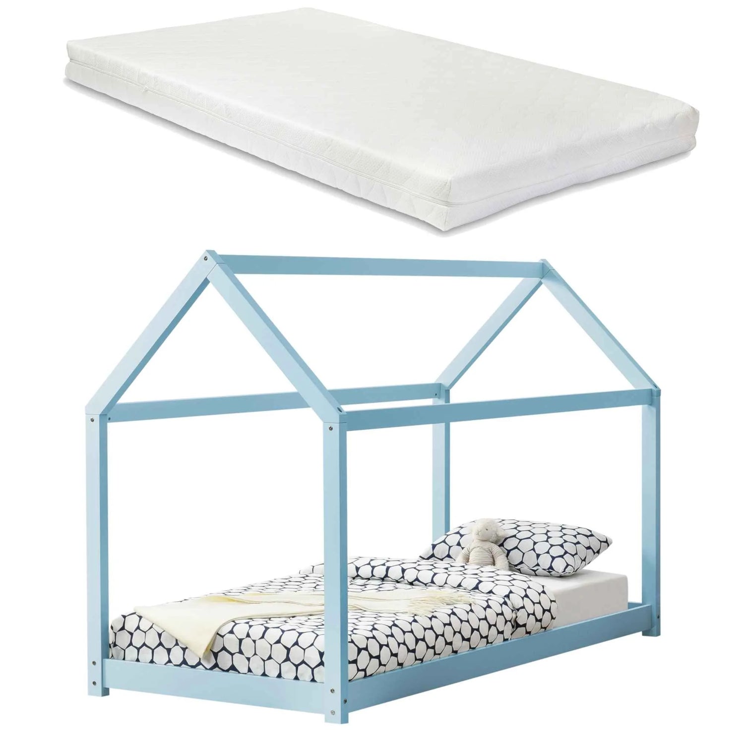 Lit cabane Montessori avec matelas - 90x200cm - Bleu