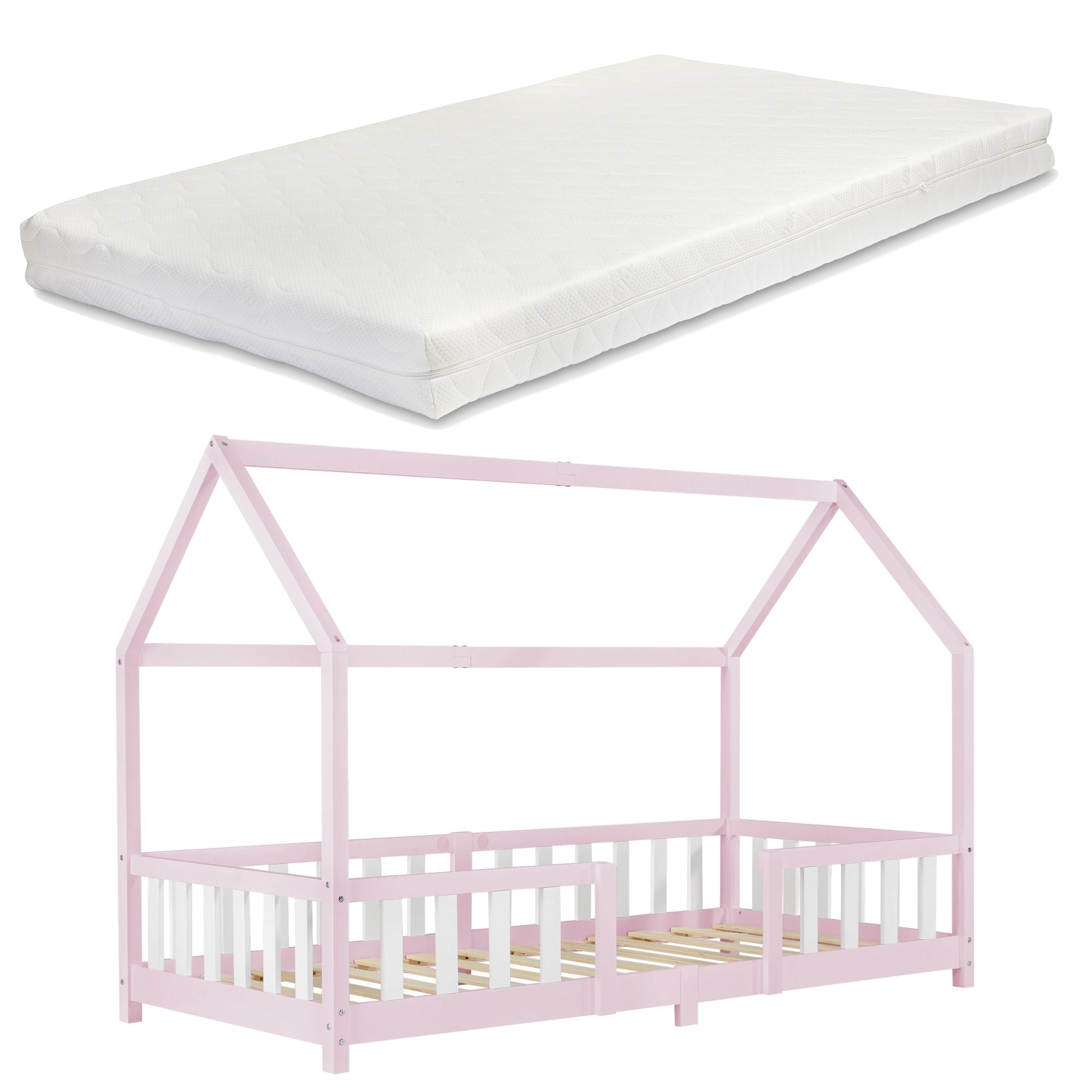 Lit cabane avec barrière + matelas - 90x200cm - Rose &amp; Blanc