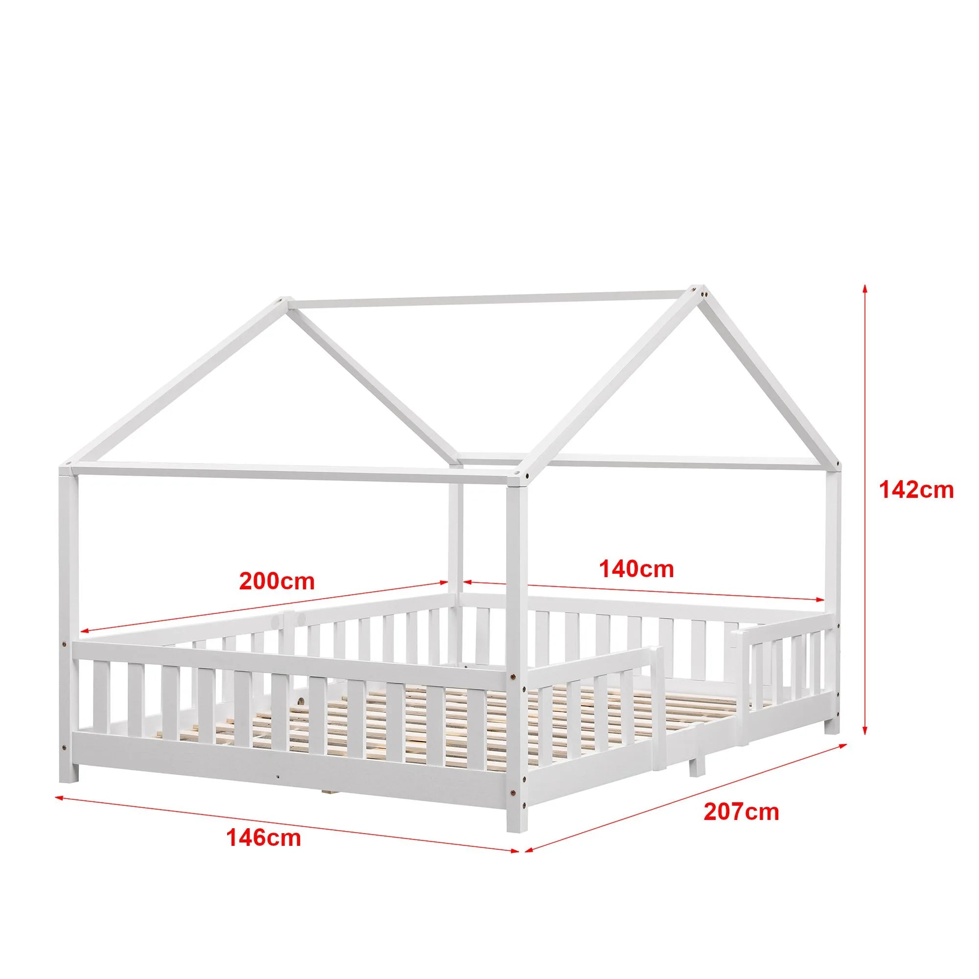 Grand lit cabane double avec barrière - 140x200cm - Blanc