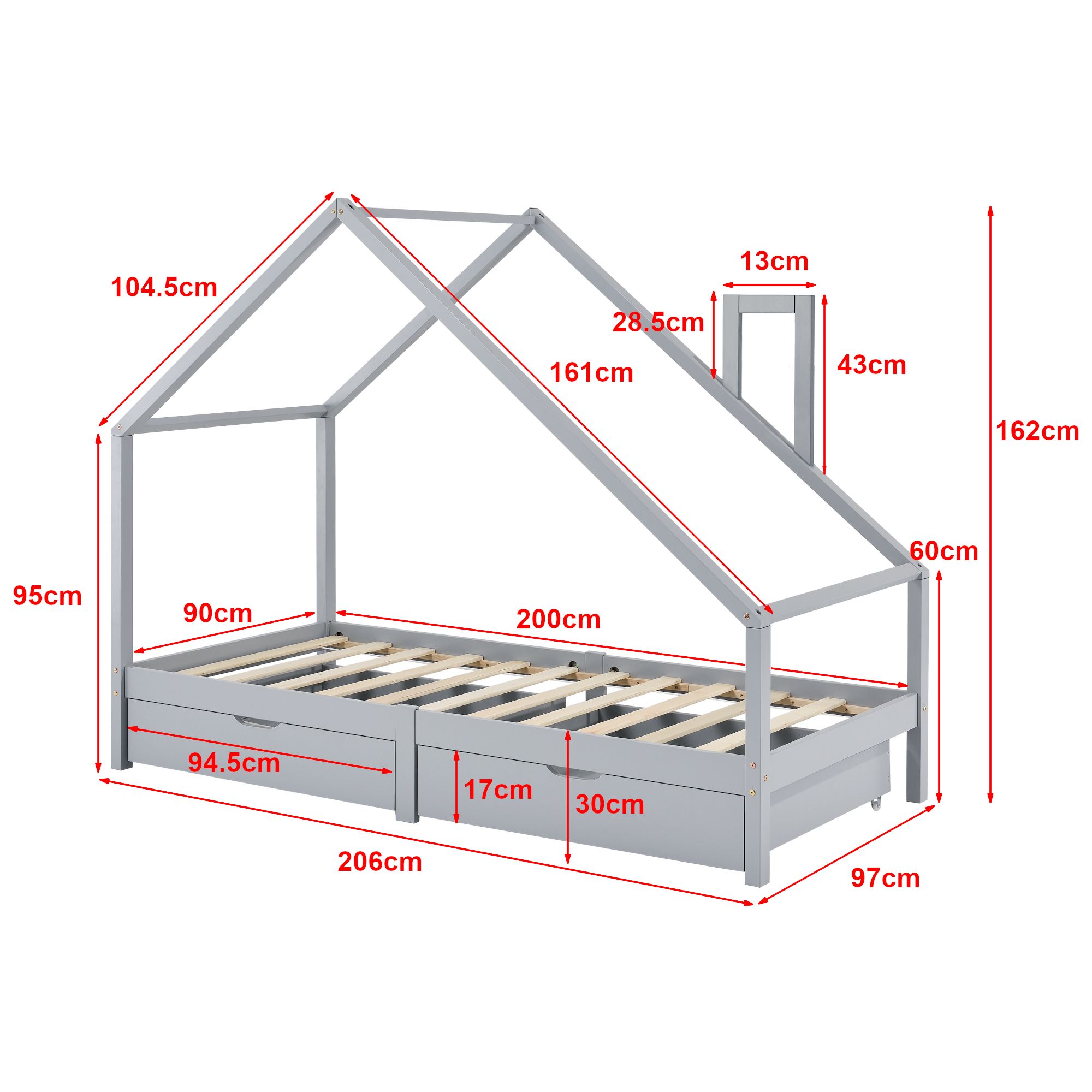 Lit cabane avec tiroirs de rangement et matelas 90x200cm - Gris