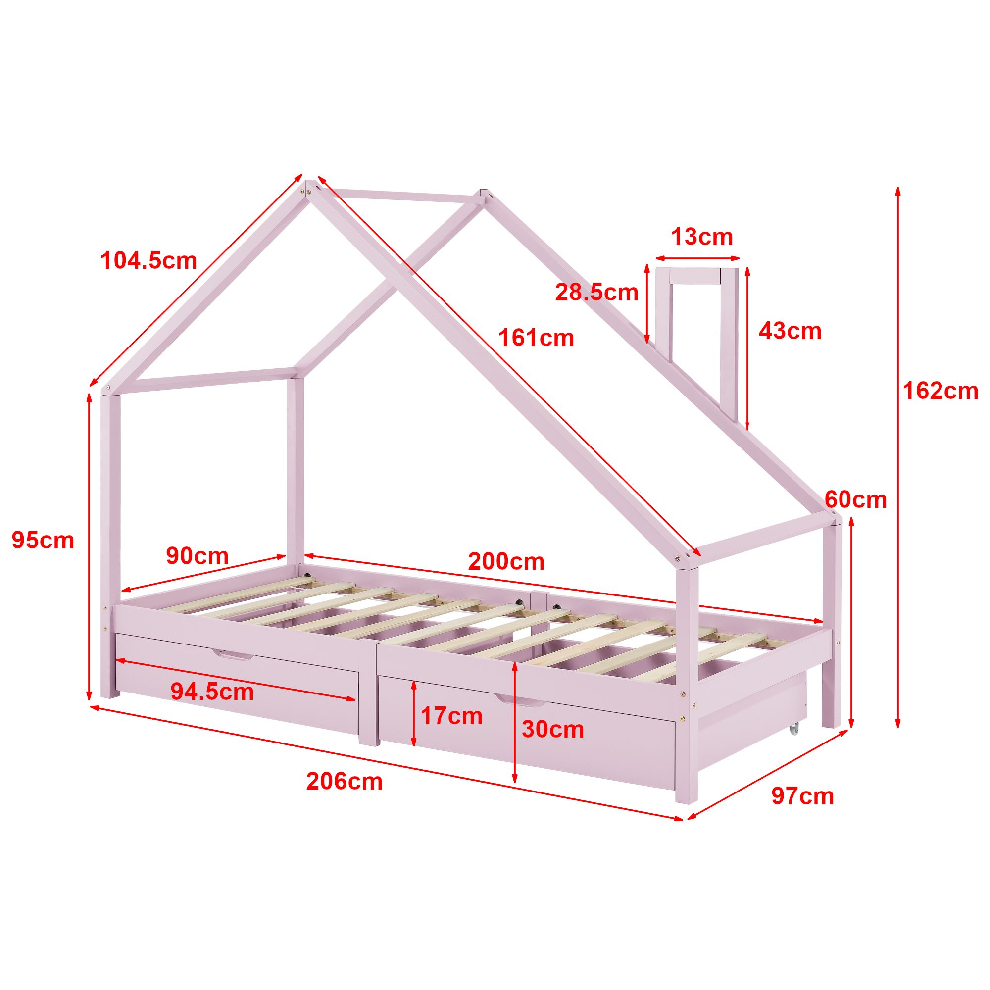 Cabinebed met opberglades + matras - 90x200cm - Roze